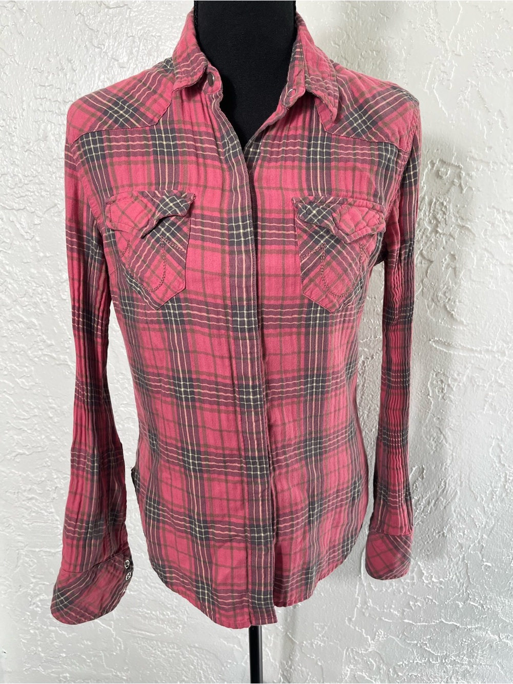 True Religion Pink Plaid Snap Button Shirt Western Biker Grunge Small